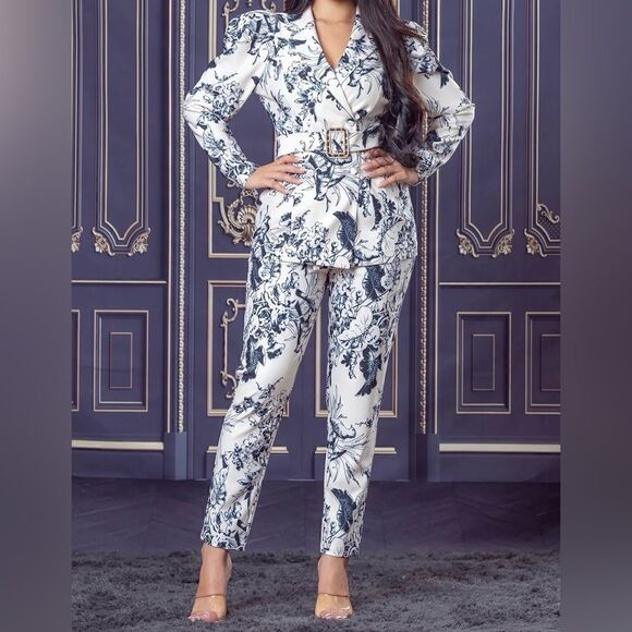 Bird Print Jacket and Cigarette Pants - Picture 1 of 12